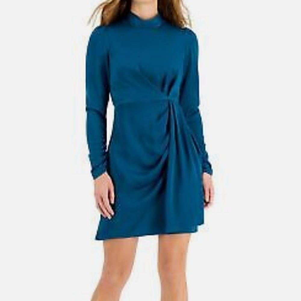 NWT Taylor Teal‎ Long Sleeve Side Draped Mock Neck Knee Length Dress Size 14